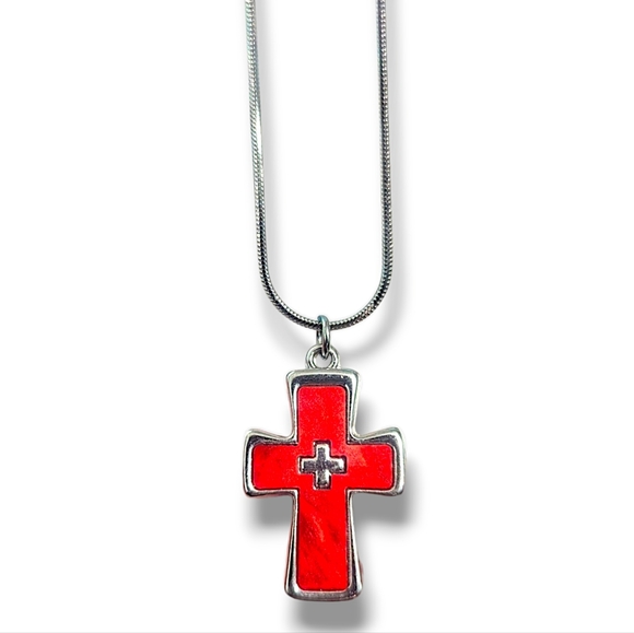 18" Red Enamel Cross Intersection  Pendant Necklace - Picture 2 of 4